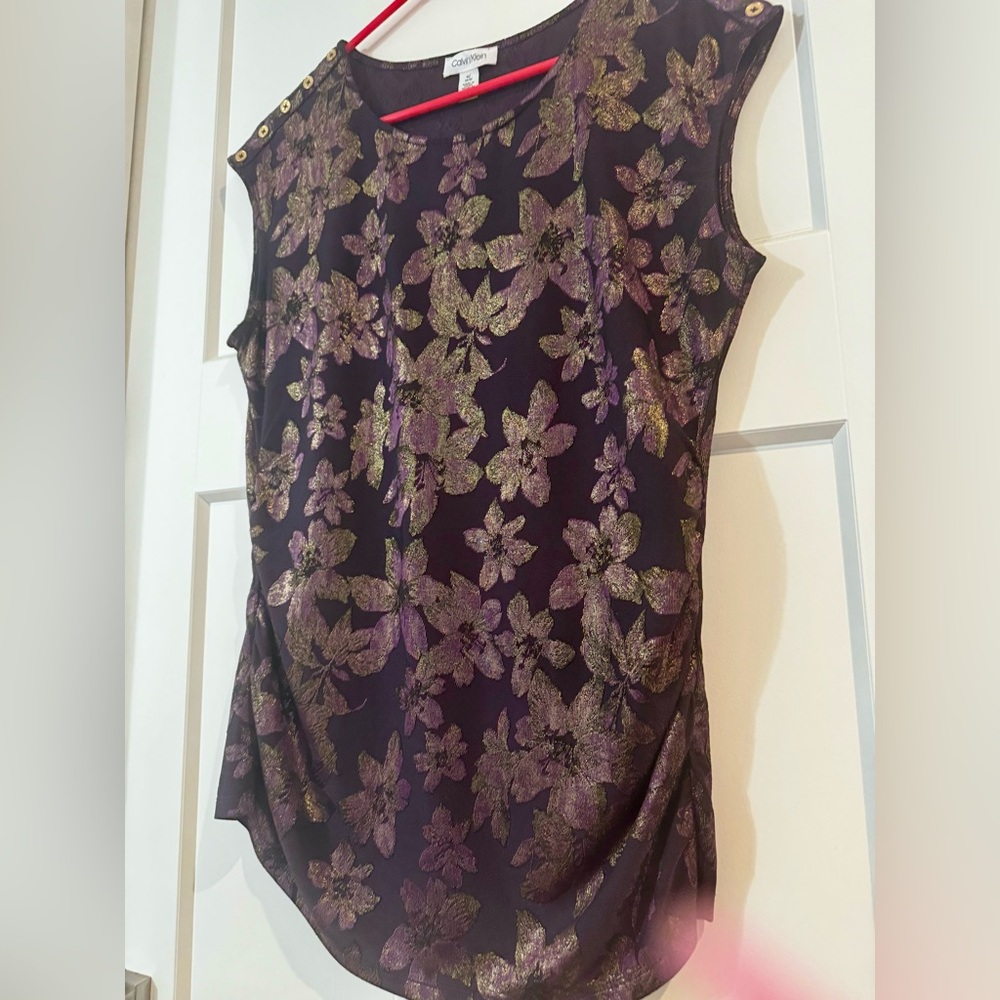 Calvin Klein purple and gold shimmer floral blouse